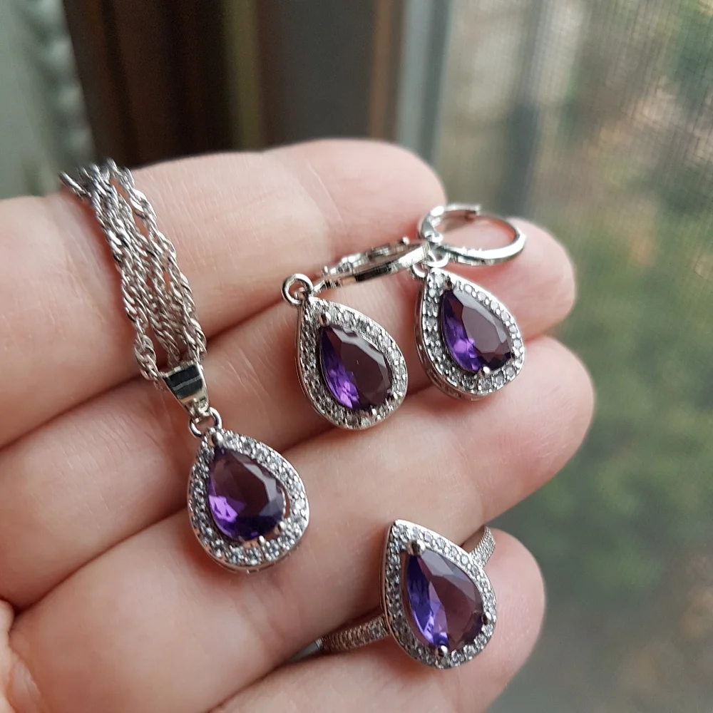 Swarovski Elements 925 Sterling Silver Amethyst Purple Teardrop Ring NEW